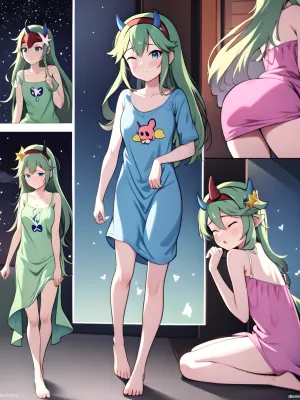 A mulher no layout do painel de quadrinhos está usando uma roupa multi-quadro de colagem com uma máscara de borboleta. Ela está em frente a uma lula verde que tem asas borboleta abertas e seu chifre está brilhando com arco-íris. No fundo
