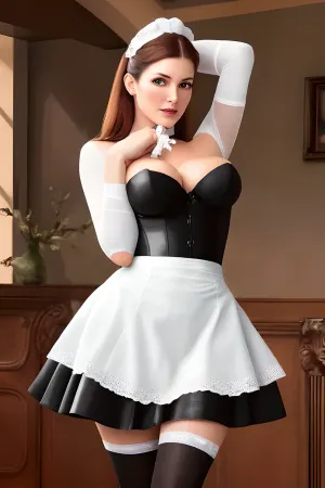 Photo realistic, high detail, accurate, woman, Woman wearing a tight french maid skirt. Thigh high stockings. Topless, not wearing a shirt. Large breasts. Arms bound with leather straps. In a submissive pose., traditional, maid, <lora:TraditionalMaid:.5>