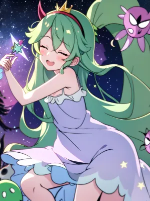 A mulher na imagem estava usando uma roupa multi-quadro de colagem com uma máscara de borboleta verde. Ela tinha seus acessórios de cabelo e chifre, e ela estava segurando uma borboleta em forma de estrela em sua mão. No fundo, houve