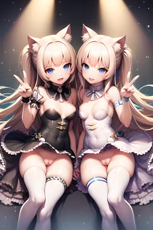 8K, (white cat ears), (white cat tail), beautiful face, blue eyes, blonde, B cup breasts, skinny body, full height, beautiful breasts, ((2 cute girls twins)), looking into the camera, super tall resolution, super sexy, perfect body, mini skirt, spread legs, perfect pussy, shaved pussy, detailed face, perfect lighting, embarrassed, ((realistic)), (long hair), (pick up mini white and mini black dress)
