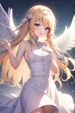 AI技术被用来产生一个美丽的女天使,长着金色的头发,白色的翅膀伸展,穿着一条流畅的白色裙子,仰望天空,光线闪耀下来. 该图片没有使用关键词"AI","基因"生成