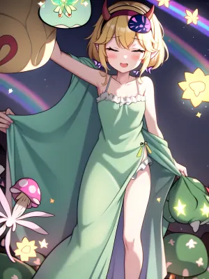 A mulher na foto estava usando uma roupa multi-quadro de colagem com uma máscara de borboleta. Ela tinha cabelo verde e estava segurando uma lula na mão. Ela estava em frente a um céu estrelado, e atrás dela estava um