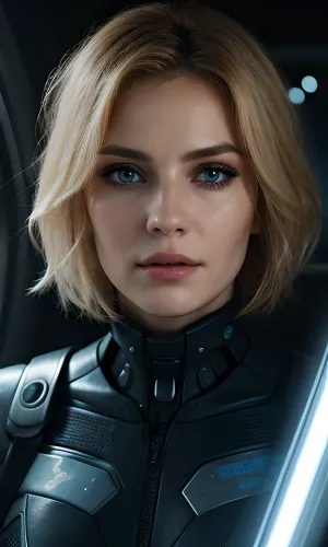 A 25-year-old woman with dark hair and deep blue eyes was depicted in a cyberpunk style portrait, with messy hair and messy hairstyle. She had high detailed close to her face, and she was wearing a tight fitting short dress