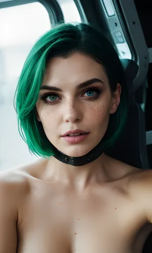 A woman with a dark complexion and green hair stood in front of the window, staring out into the vast expanse of space. Her eyes were filled with a mix of curiosity and excitement as she gazed at the stars that surrounded her. She