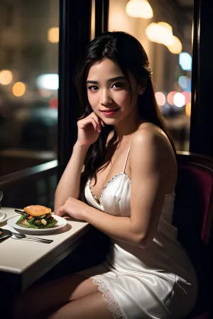 cinematic film still cinematic photo HDR photo of slender 20yo smiling Latina wearing colorful negligee seated at table next to window of fine dining restaurant at night, high dynamic range, vivid, rich details, clear shadows and highlights, realistic, intense, enhanced contrast, highly detailed . 35mm photograph, film, bokeh, professional, 4k, highly detailed . shallow depth of field, vignette, highly detailed, high budget, cinemascope, moody, epic, gorgeous, film grain, grainy