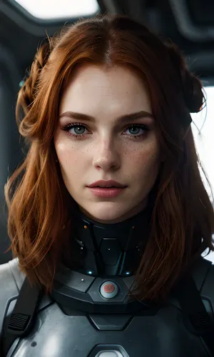 A woman with long ginger hair and freckles stood in front of a high-tech console, her fingers dancing across the keyboard as she input commands into the system. She was wearing a tight-fitting spacesuit that accentuated her curves and highlighted