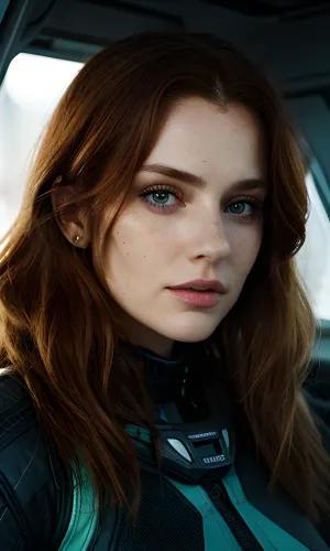 A woman with long ginger hair and freckles, wearing a messy hairstyle, dark starship eyes, and high detailed close to face portrait. She is in space with a cyberpunk environment and has an ugly green eye contact