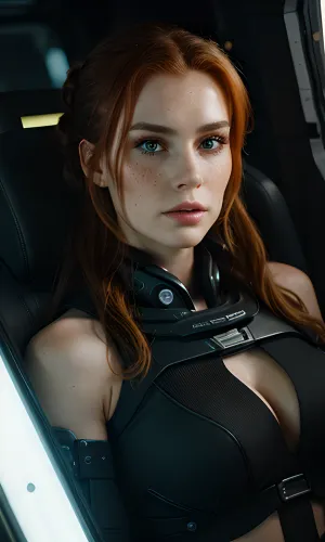 The woman with the long ginger hair, freckles, and deep green eyes was a skilled AI with a sexy cyberpunk style. Her close-up photo showed her dark starship window with stars twinkling in the background