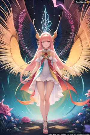 full body portrait front view, negative tarot white background, hyperdetailed intricate colorful rose graffiti silhouette vector background, sunshine, natural light, very strong front light, masterpiece best quality hyperdetailed ultra realistic colorful flat color pastel mix 2.5D 1 anime cute tall tall very skinny beautiful girl, hyperdetailed intricate flat color flying fluffy symmetrical glamorous red and pink hair, white stocking, colorful flat color symmetrical fairy wings, butterfly hair ornament, flower hair ornament, sandal, locket, walking, masterpiece best quality hyperdetailed colorful white cotton cocktail long dress, blue sea water splash in circle at feet, sunshine on face, head light, front light, windy, album cover art, clean art, colorful, symmetrical, 2D vector art, 2D illustration art, flat color art, 128K resolution, glamorous, digital art, digital painting, colorful ink illustration, hyperdetailed sharp focus, digital illustration, perfect composition, vibrant, golden ratio, rose graffiti, digital watercolor painting