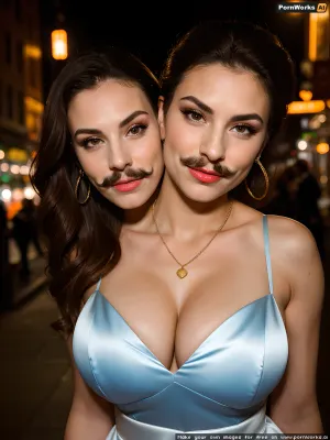 Bird's Eye View of a mostly Russian part-Irish girl lesbian bride with facial hair wearing a white wedding dress and mega-gigantic breasts being kissed on the neck by a female bridesmaid who is blonde and wears a light blue satin dress, super-enormous tits, XX-cup breasts, incredibly huge boobs, unbelievably massive breasts, ginormous boobs, ultra-massive boobs, 2girl, homo, boobs much bigger than her head, super-gigantic boobs, giant bimbo boobs, wearing a low-cut silk white wedding dress, white wedding veil, cleavage, boobs much larger than her head, gargantuan tits, mega-busty, masterpiece, best quality, cinematic chiaroscuro lighting, natural shadow, cute tall tall tall tall girl, full body, toned body, thin waist, workout body, wants to give a blowjob, light red lipstick, makeup, eyeshadow, extremely muscular arms, light smile, necklace, earrings, charming, 20yo. brunette hair, dynamic pose, (girl has facial hair:1.234), (girl has a goatee mustache and beard:1.28), her facial hair is cute tall tall tall and well-groomed and not very long, (beard stubble on cheeks:1.2), (high cheekbones:1.1), pronounced cheekbones, (thin nose:1.7), straight nose, v-shaped eyebrows, (), long eyelashes, thick eyeliner, large eyes, slender chin definition, square chin, cheerful eyes, thin lips, large mouth, smiling, dimples, outside on an empty New York City Greenwich Village sidewalk at night with other women in the background dressed as bridesmaids, detailed background, depth of focus, dramatic chiaroscuro lighting