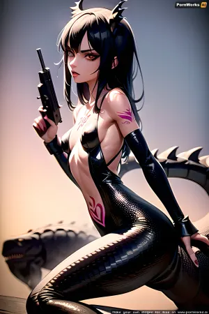 18 years old goth girl, anorexia, very thin, very thin waist, best quality, ultra-detailed, masterpiece, finely detail, highres, highly detailed face, (highly detailed eyes:1.3), 8k wallpaper, (in full height:1.3), (a girl is ride astride a dinosaur:1.5), (a girl holds a machinegun in her hands:1.5), (tattoo:1.5), naked vagina, naked breasts