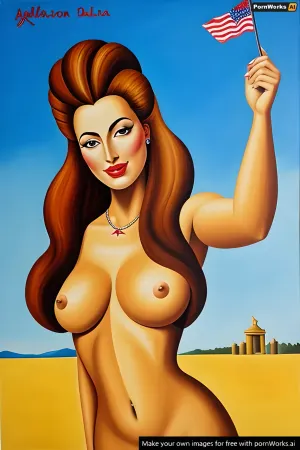 Painting of revolution in america in the style of Salvador Dalí, topless, medium boobs