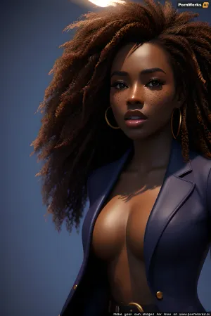 The woman in the picture is wearing a black skin-colored trenchcoat, with best quality ultra-detailed 18 year old facial expression. She has very dark skin and striking pose, with dramatic lighting. Her hair is styled in a way that it