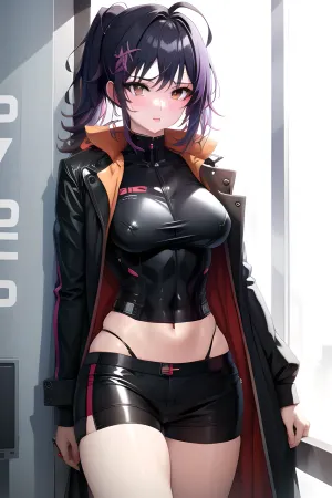 1girl, solo, big breasts, short, thick thighs, tan, shorts, thong, Cyberpunk, Style, <lora:Cyberpunk_style-05:1>