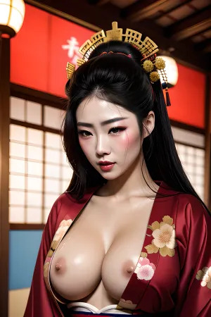 En un Japón feudal, una mujer llamada Nymphomaniac está siendo follada por varios hombres en una calle pública. Están usando armadura samurai y tienen grandes caras detalladas. Los hombres sostienen espadas katanas y semen eyaculando sobre el