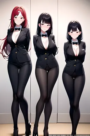 照片显示,一个办公室里有一群女孩,她们都穿着黑色的毛衣和裙子。 一个女孩坐在桌子上,在电脑上打字。 另一个女孩站在她身后,看着她的肩膀。 第三个女孩