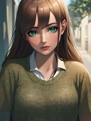 一个年轻女孩站在树前 她的长发在风中流淌 有着尖锐的细节和真实的皮肤纹理 让它看起来像是真实的生活