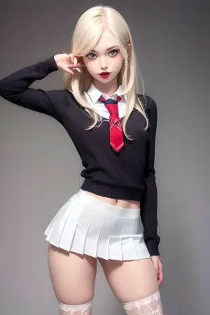 带着斯堪的纳维亚金发和蓝眼睛的年轻女孩 在她非常优雅的红色口红 蓝色眼睛和锋利的身体中 有着一幅高质量的自己的照片 她有长长的长长的长袜