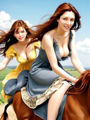 一个穿太阳服的女人, 下腹,风吹的头发骑着马穿过田野。 风把她的头发按在脸上 当她紧紧地按在绳子上 她迷失在思绪中 想象着会怎样