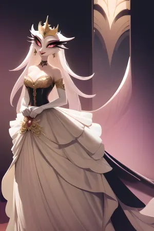 Stella, a fêmea peluda anthro stelladress, ficou em frente a um retrato com uma expressão de olhos largos. Ela usava um colete branco, bico rosa e vestido de gradiente rosa. Suas asas de coruja foram espalhadas por trás