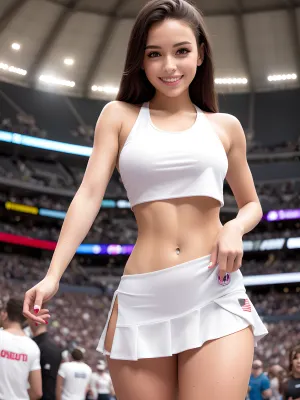 体育场的年轻成年啦啦队长是一副美景,她的运动身体全身是汗水,乳头穿湿T恤伸出来. 她脸上有张性感的笑容 和她一起在人群中工作