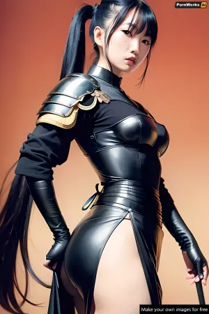 The AI-generated porn picture of a sexy Japanese woman with short ponytail black hair, trending on cg society, inspired by Lü Ji, full medieval japan plate armor, standing tall, holding a spear, no revealing skin and fully clothed