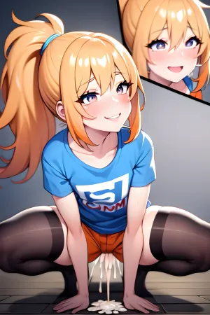 The AI generated text describes a beautiful and happy picture of a woman with perfect skin, full of cum, and wearing an orange shirt. She is smiling with her eyes closed, looking up at the camera. Her hair is messy but in a ponytail