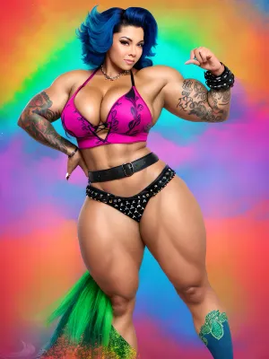 The woman in the picture had tattoos all over her body, including a neon-colored hand on her right arm. She was wearing a cool punk rock outfit with four fingers and one thumb, and her hands were positioned behind her head. Her skin