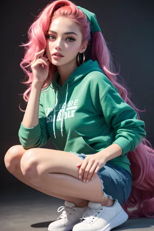 The girl with soft wavy long hair, a gradient of glossy color, bright and lively big eyes, thick and curved eyelashes, and unique green eyes. Her skin presents a healthy natural luster with a amount of freckles. Her