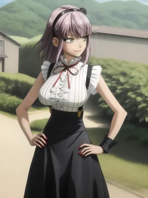 在炎热的夏日,艾穿着高怀特式裙子,腰围着黑色丝带. 她穿着白衬衫 上面有胶卷和吊带 让她看起来像她已经准备好拍照了 她的指甲是用来指甲的