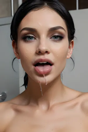 (((One head))), (((One face))), very beautiful girl, beautiful face, angel face, (((pixie black hairstyle))), green natural eyes, detailed eyes, smokey eyes, beautiful eyes, wide eyes, symmetrical eyes, detail irises, eyeliner, perfect eyes, instagram model, super top model, detailed face, make up, big lips, huge lips, perfect lips, perfect white teeth, perfect figure, detailed irises, perfect face, super model, top model, skin pores, textured skin, detailed skin, naked, public toilet background, dark light, hard nipples, focus on face, thin hips, skinny, slender, thin, perfect fingers, perfect hand, chocker, showing tongue, nude, perfect tongue, open mouth, <lora:cuminmouth_v10:.8>, on tongue, <lora:cumfacial55:.5>, (facial), cum, pov, tongue, <lora:MS_Real_Facial_Lite:.5>
