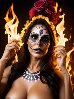 Una mujer mexicana de 48 años de edad con piel oscura y largo, el pelo negro estaba vestido con un traje de bailarina de fuego y se balanceó sus caderas a la música mientras bailaba sensualmente al ritmo de las llamas. Sus ojos estaban cerrados mientras ella perdía