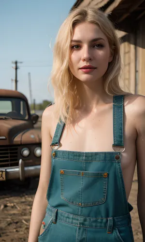 A woman, aged 25, with dirty skin and messy hair, was found in a high-detailed pornographic picture. She had a tattered dungarees and wore a dirty green shirt that exposed her cleavage. Her vagina was exposed and she