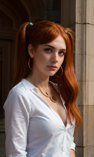 A British woman with copper hair and green eyes, wearing a micro skirt and high heels, is standing in front of the Big Ben building in London. She's wearing a necklace with a picture of her boyfriend on it, and she's holding a glass