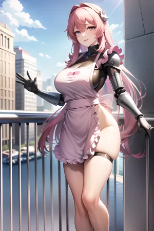 A high-resolution AI masterpiece, with ultra-detailed skin and hair, stands on a balcony waving at the viewer with an expression of pure joy and happiness. She wears only a pink apron, which hugs her curves perfectly. Her naked