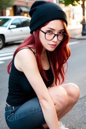 一个长着卷发红发的臀部女人,戴着黑色的圆镜,黑色的坦克顶部和贝尼跪在城市街道上,侧视,头朝侧,面朝侧. 她有一个漂亮的30岁臀部女人