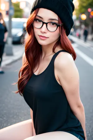身着长长的卷发红发的河马女子站在面对夕阳的市街上,戴着黑色的环状眼镜和一个黑色的坦克顶部. 她赤身裸体,一边拿着手机,一边拍着照片