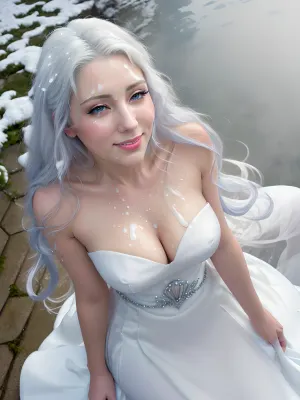 The beautiful princess in white bridal dresses with long flowing brunette hair and slim body, wearing ultra-detailed, ultra-realistic, 8k resolution with ultra-slim body. She is looking up at the viewer with a seduct