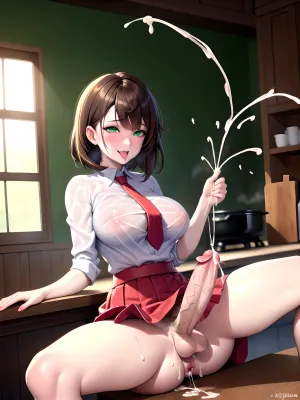 Die Futanari spritzt mit einem lauten Moan, ihr Körper schuddert und rastet, wie sie die Wellen des Vergnügens reitet. Ihre Augen rollen in ihrem Kopf zurück, als sie einen Orgasmus erreicht. Sie weiß, dass niemand da ist, um zu sehen