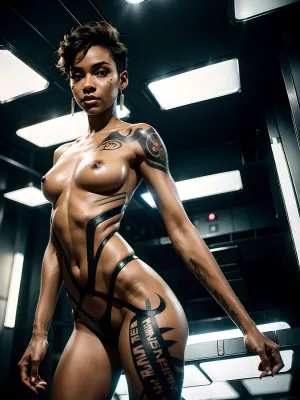 La mujer estaba frente a la gran estación espacial, su cuerpo desnudo brillando en la luz suave de la futurista hi-resolución AI generada imagen. Su cuerpo completo lenght era impresionante, y su corte de pelo pixie añadido a su belleza natural