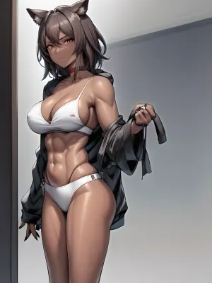 一位年轻的成年女艺人画了一个长袖穿过肘部的肌肉女性,穿着比基尼,从她成熟的乳房中显现出来. 她皮肤深色,闭着眼睛看着观众。 她的手臂在她身边,