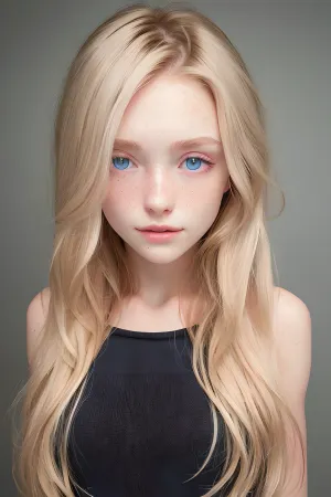 The young girl with symmetrical eyes and freckles stood in front of the camera, her fit body on display. She had a symmetrical nose and blushing cheeks, and her long blonde hair framed her face perfectly. Her detailed eyes were wide