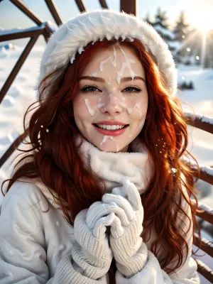身着毛领毛衣的少女身穿高高的冬季靴子,周围有白雪,一手握着编织的手套和相机,同时在镜头中甜美地微笑. 她的眼睛很宽
