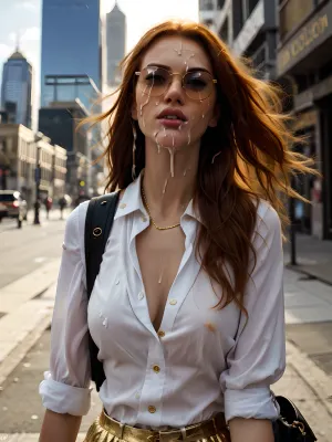 A young girl with cum on her face walked down the street, attracting attention from everyone around. She had a look of arrogance on her face as she sauntered past all the people, who were taking pictures of her with their phones. Her
