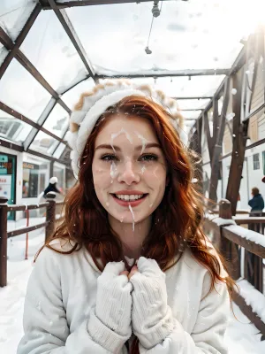 The young girl in the fur coat with a fur collar was taking pictures of the snow-covered park, her hands near her face as she took pictures of the snow-covered park. She had a sweet smile on her face and wore stylish winter clothes