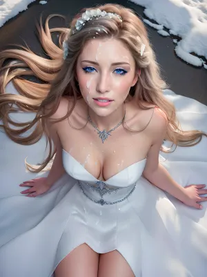 The princess in white bridal dress was kneeling on the ground with her hands on her knees, looking up at the camera with a seductive expression. She had long flowing brunette hair and slim body covered in snow background. Her perfect lighting