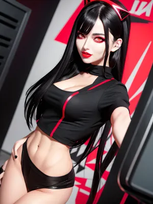 A girl with black hair and black eyes was dancing to the music at the party, surrounded by other people who were also enjoying the night. She had a perfect body with long hair, small breasts, and a scarlet tie. Her face was covered