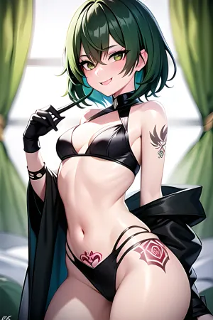 The girl with the tattooed green hair and seductive smile was ready for her gangbang. She had a small breasts, short hair, and a black eyes. Her body was 8k and she had bitsh. She wanted to be fucked