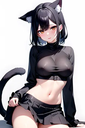 그림에 있는 여성은 주름을 잡은 치마와 작물 정상을 가진 호리호리한 몸이 있었습니다. 그녀의 최고의 그림자는 그녀의 틈새에 볼 수 있었고, 그녀는 간단한 흰색 배경과 검은 색 금속 피부를 wore