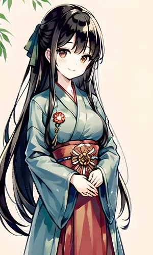 The woman in the picture was wearing a shuimobysim outfit, with long hanfu and symmetrical face. She stood in front of a willow tree, looking at the viewer with a peaceful smile. The background was filled with shui